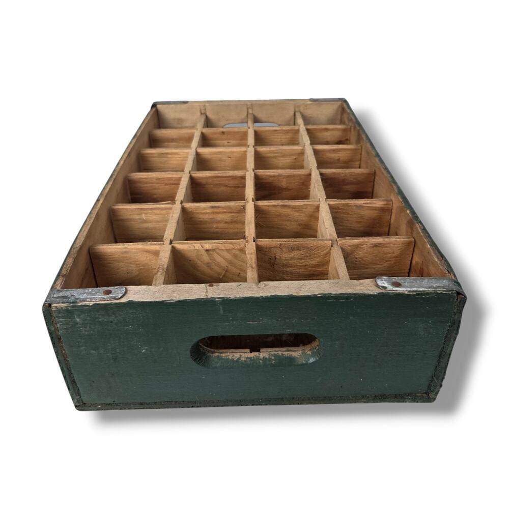 Vintage Glass Bottle Crate Wood Wooden 24 Divided Storage Green Rustic Farmhouse